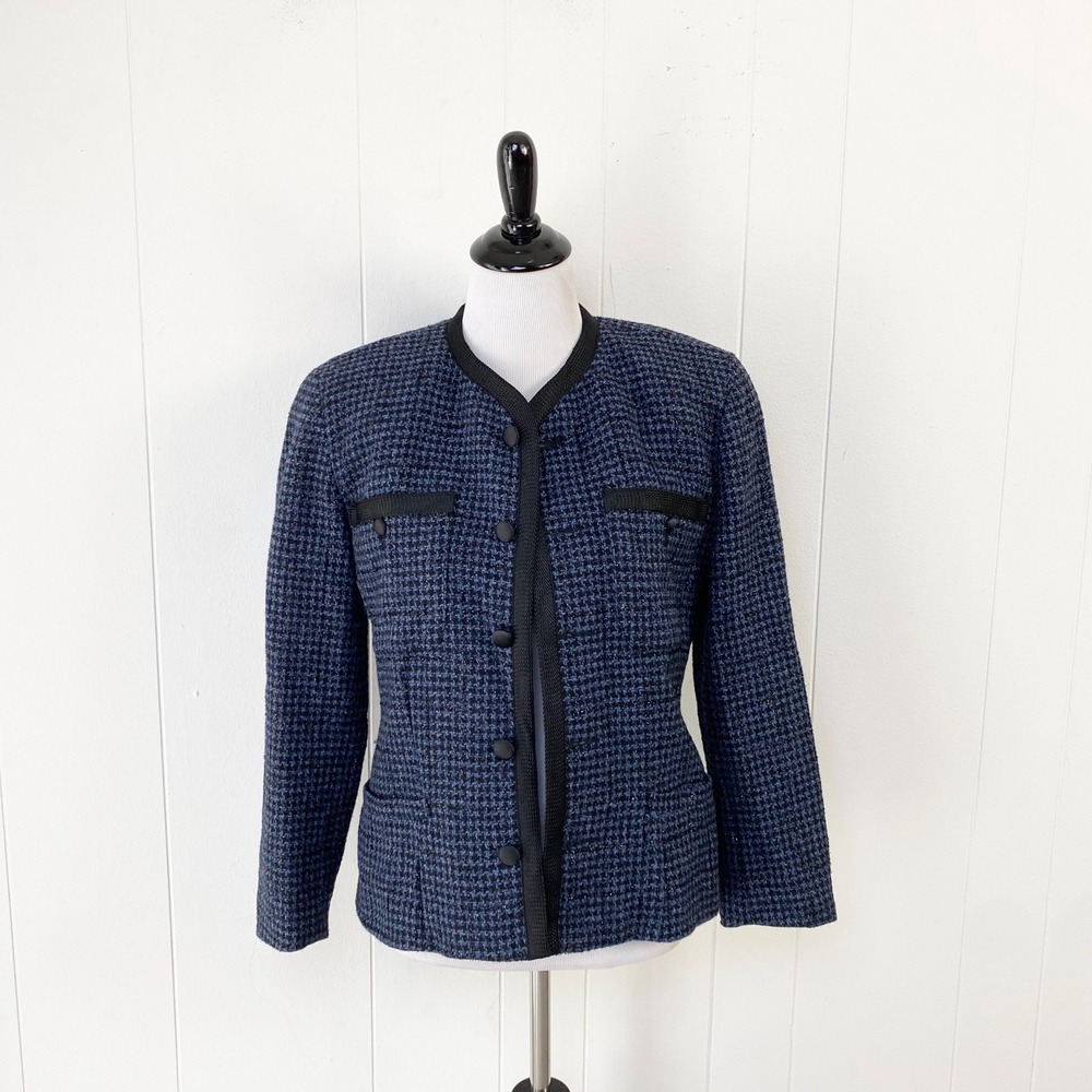 Lizwear Blue Black Houndstooth Wool Blend Button Front Jacket Size 4 Small